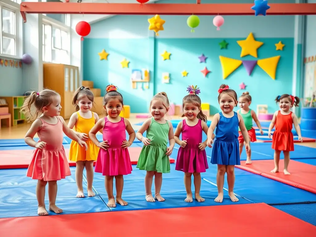 A vibrant image of children participating in a gymnastics class at GYM AMBIANCE, showcasing their smiles and active engagement, set against a backdrop of colorful gym equipment.