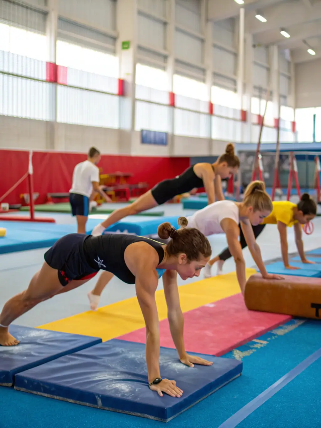 A picture of a specialized gymnastics training session at GYM AMBIANCE, featuring advanced equipment and skilled instructors guiding participants through complex routines.