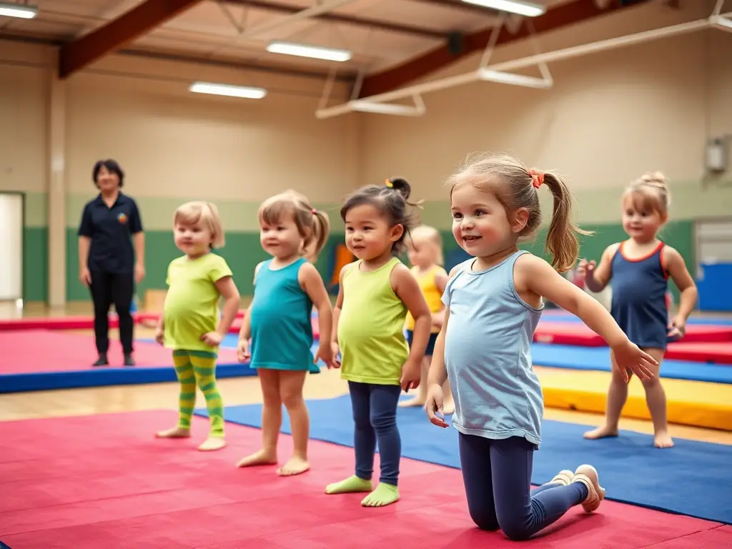 A group of children participating in a gymnastics class, focusing on balance and coordination, with a coach supervising in a brightly lit gym at GYM AMBIANCE.
