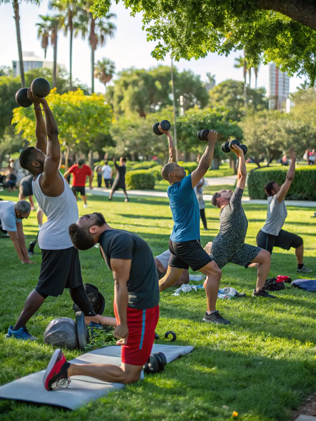 A photo of adults engaged in a physical education session at GYM AMBIANCE, demonstrating teamwork and fitness, with a focus on promoting a healthy lifestyle.