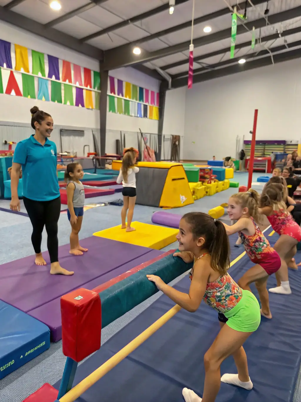 A group of children participating in a gymnastics class at GYM AMBIANCE, focusing on balance beam exercises, showcasing the fun and engaging atmosphere.
