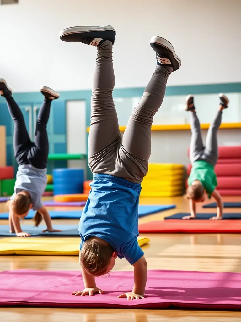 A vibrant image of children participating in a gymnastics class at GYM AMBIANCE, showcasing their flexibility and coordination, set against a colorful and supportive backdrop.