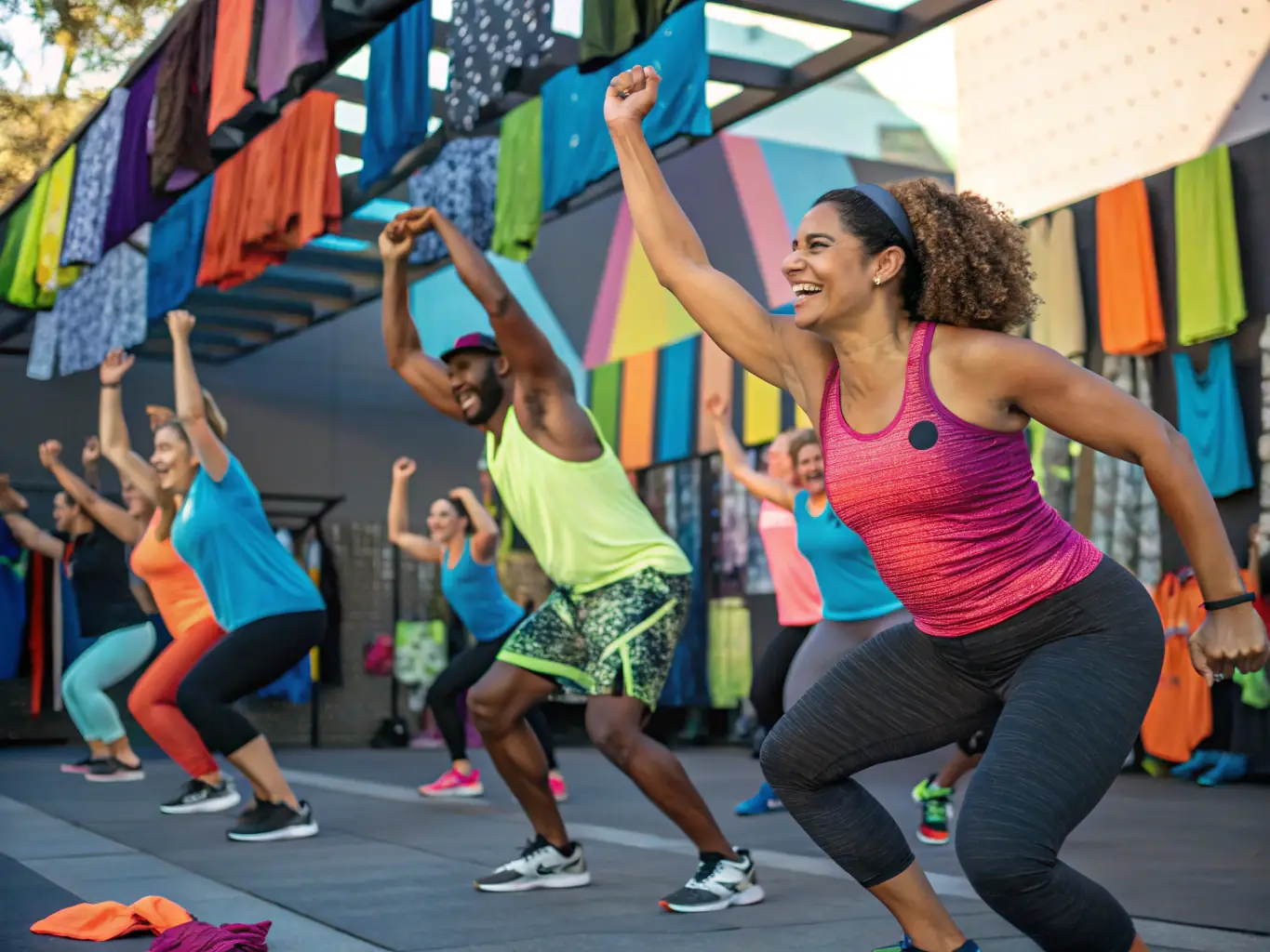 A dynamic image of adults participating in a group fitness class at GYM AMBIANCE, demonstrating energy and camaraderie, with a focus on diverse exercises and smiling faces.