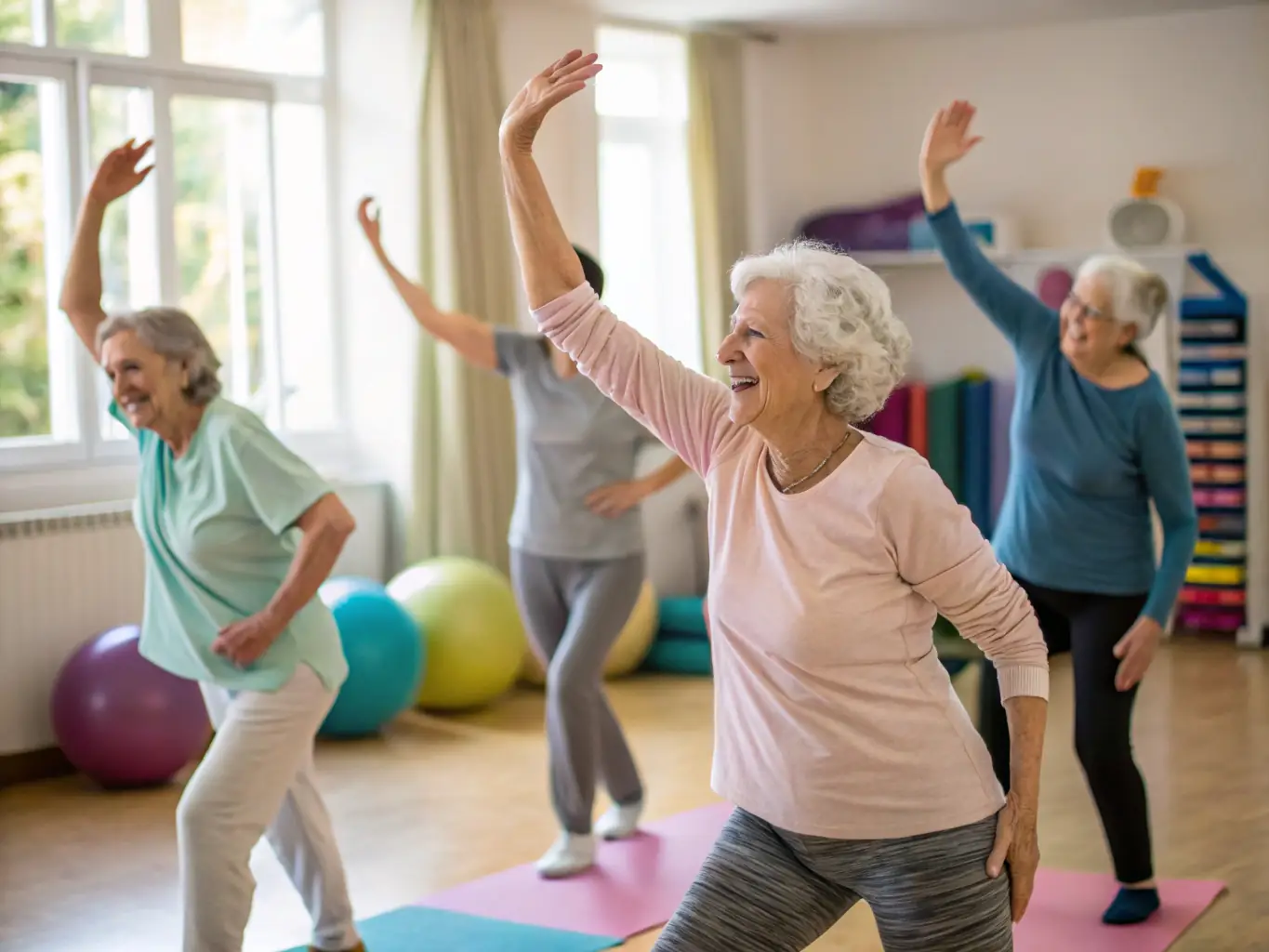 A heartwarming image of seniors participating in a gentle exercise program at GYM AMBIANCE, emphasizing their comfort and enjoyment, with a focus on maintaining mobility and social connections.