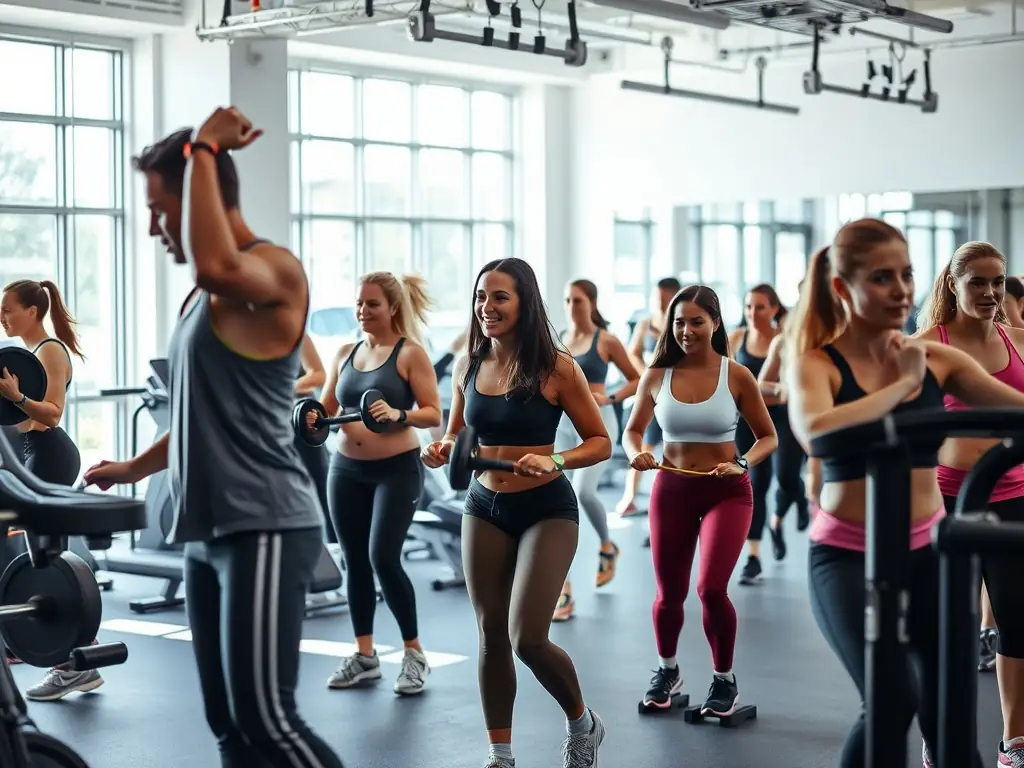 An image of adults engaged in a physical education class, performing exercises that promote cardiovascular health and muscular strength, in a well-equipped gym setting.