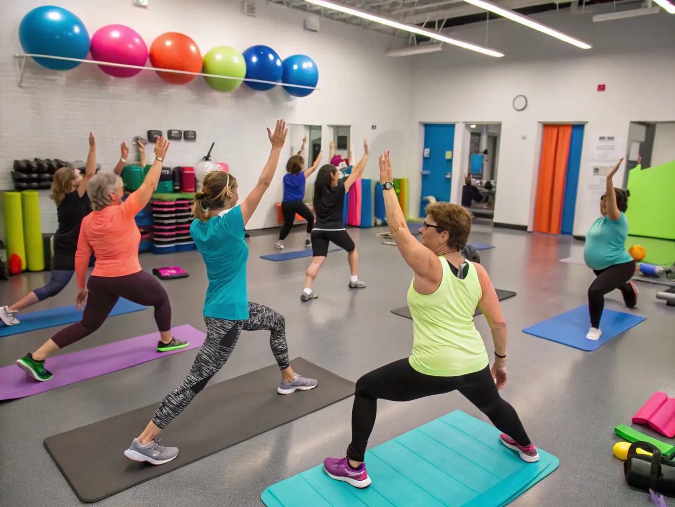A diverse group of adults participating in a physical education class, doing various exercises to improve their overall fitness and health at GYM AMBIANCE.