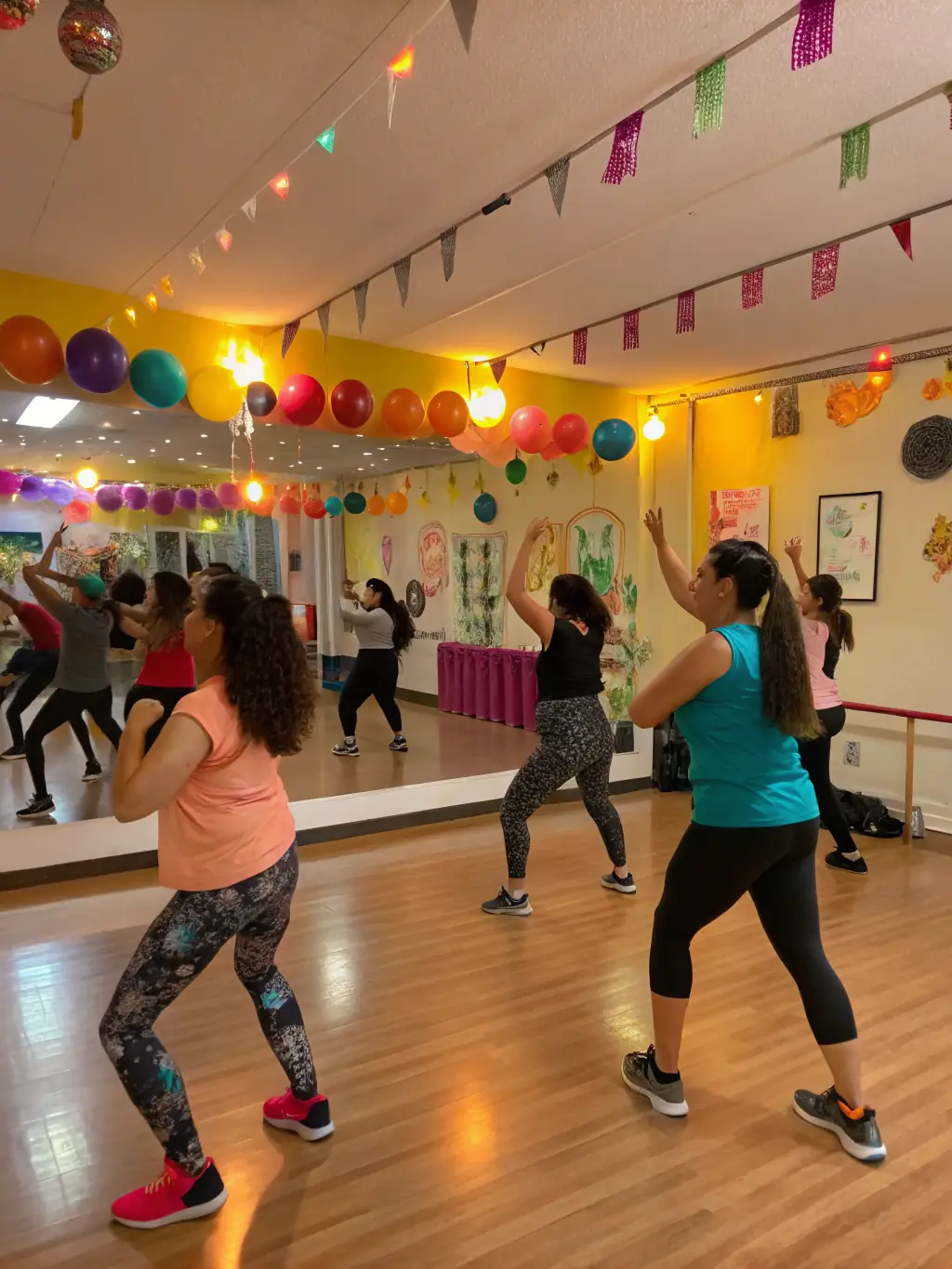 A diverse group of people participating in a Zumba class at GYM AMBIANCE, with energetic music and dance moves, showcasing the fun and social aspect.