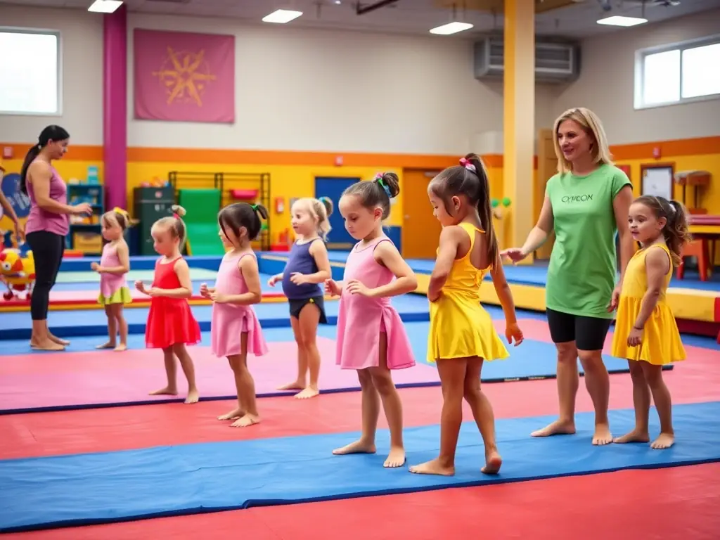 A vibrant image of children participating in a gymnastics class, showcasing their flexibility and coordination, set against a backdrop of colorful gym equipment.